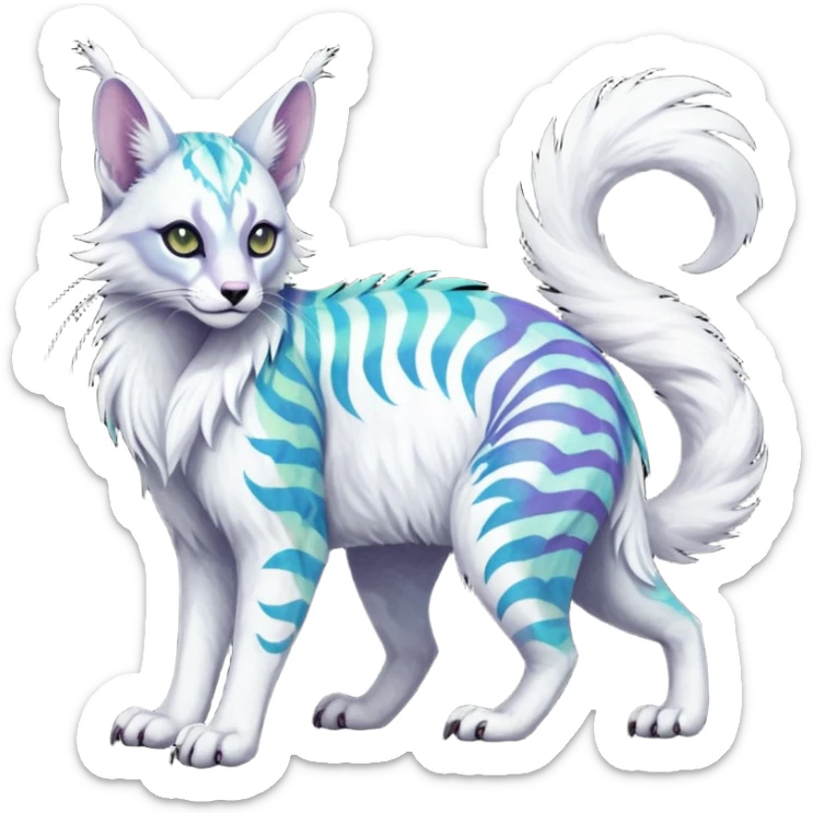 Colorful dark tropical feathery tribal pale light fruity pastel white glorious iridescent divine exotic cute albino neon vibrant spooky evil zigzagged cool beautiful beautiful fantasy-caracal-civet-genet-sergal-vernid-Gryphon-Cacomistle-Trico-oncilla-animal-Fakémon-hybrid-fursona (full body) sticker