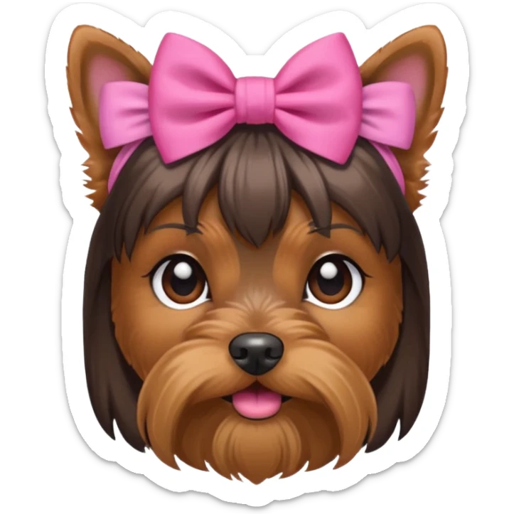 a little dar brown Yorkshire Terrier face with a ponytail on head tied with a bow. sticker
