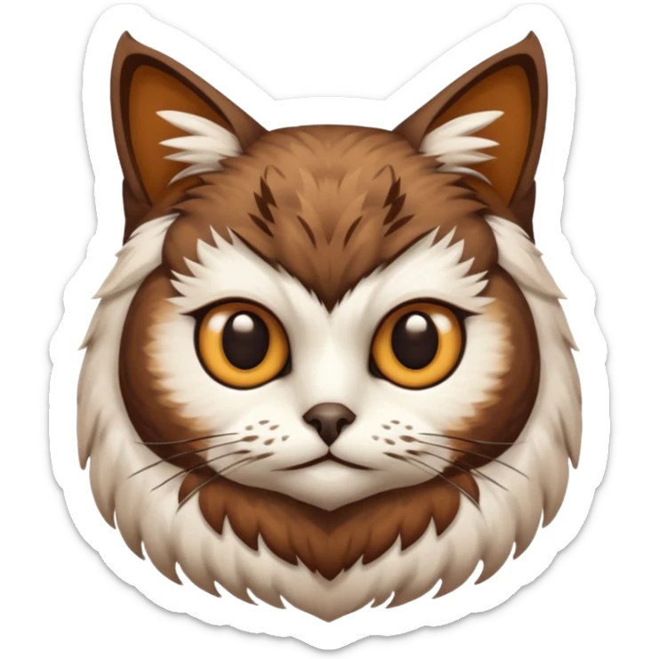 An cats head with a brown on top of the head of the cat the cats head infused with an white owls body with brown wings sticker
