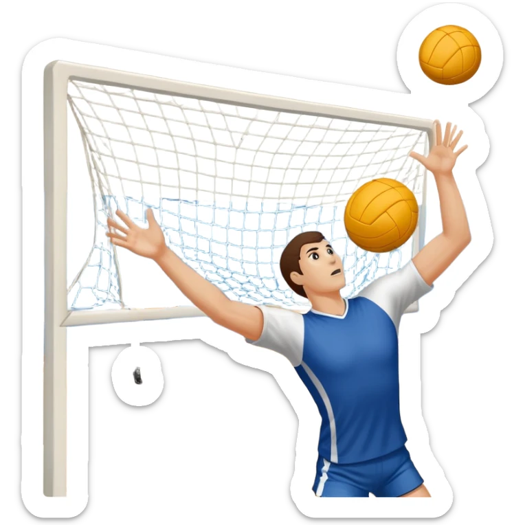 A handball thrown towards the goal by close-up hand, with the goalposts and court lines in the background. The scene captures the power and precision of the throw, with the net of the goal in focus, emphasizing the dynamic action of the sport. sticker