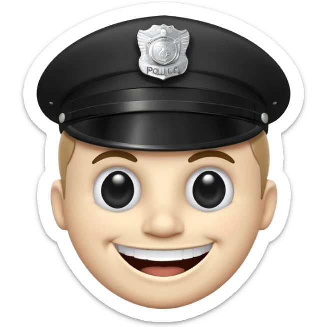 Black-and-white line drawing of a cartoon face with a round head, large round eyes, and a wide toothy grin showing a big happy smile. He is a police officer stopping you. Plain white background, simple and playful style. sticker