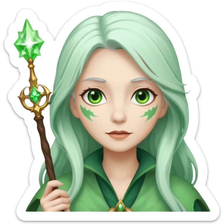 Woman with green skin color with long hair white color and carrying a magic wand sticker