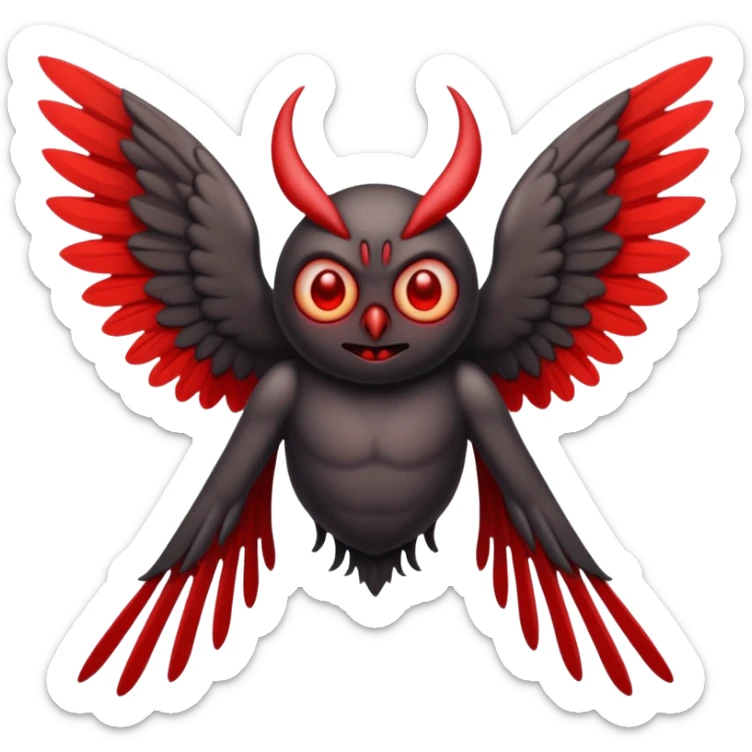 Create a scary emoji of the mothman with bright red eyes and as depicted in the legend. Make it less bird like sticker