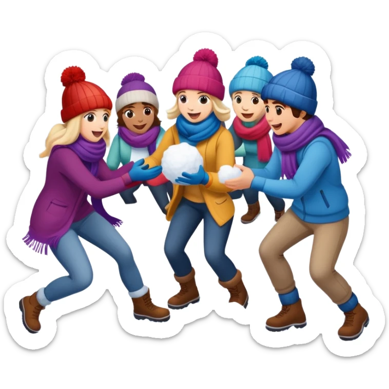 a group of friends having a snowball fight, winter hats and scarves, playful sticker
