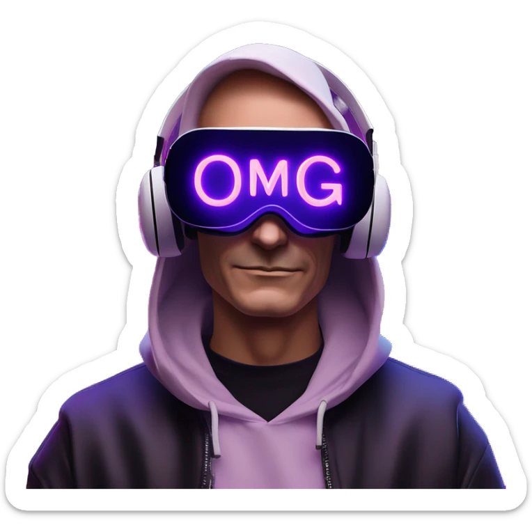 Putin wearing a black hoodie with "OMG" letters on it and VR headset oculus quest 2 in a cyberpunk VR environment with violet neon lighting. sticker