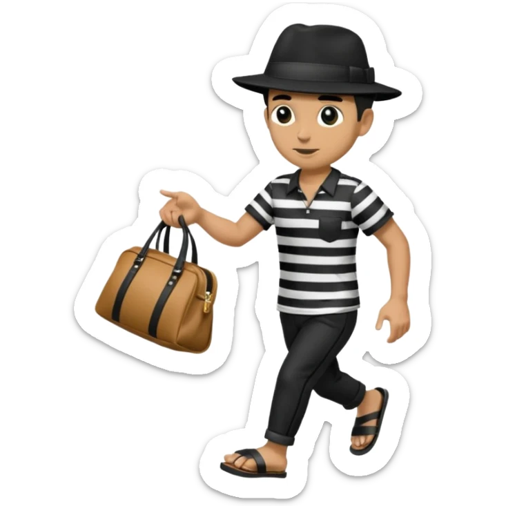 Make a man wear a black pant and he shirt is balck line and white line and wear a black hat and he holding a money bag and he running he wear a black eye thing no money in the Left hand and he yellow and the money bag in the right he wear a flip flop like this is Money bag 💰 NO MONEY sticker