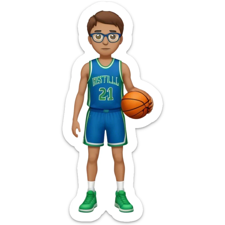 full body brown hair white male basketball player wearing glasses in blue an green uniform sticker