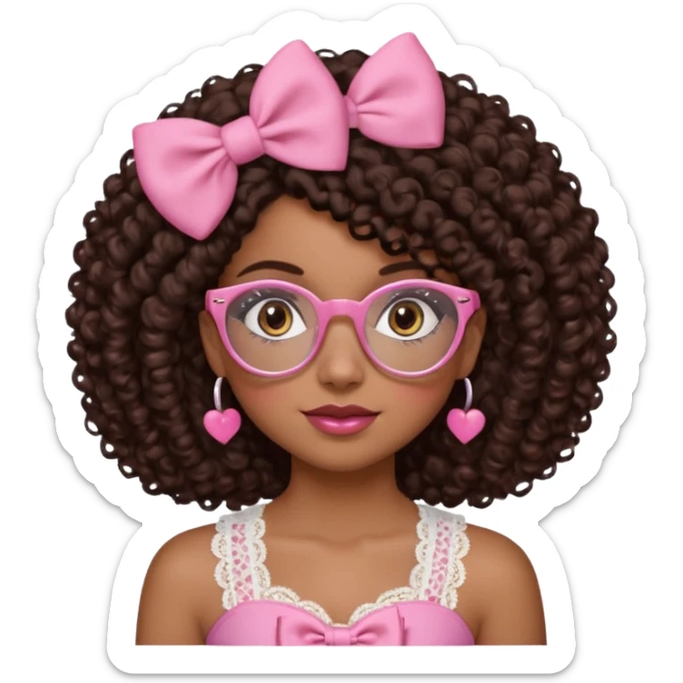 medium kinned afro-latina girl with medium length chocolate brown side part curly hair, small pink bow on the side, with brown glasses, brown eyes, noes piercing, pink and white sweekhart necklined top with lace, round wide-ish nose sticker