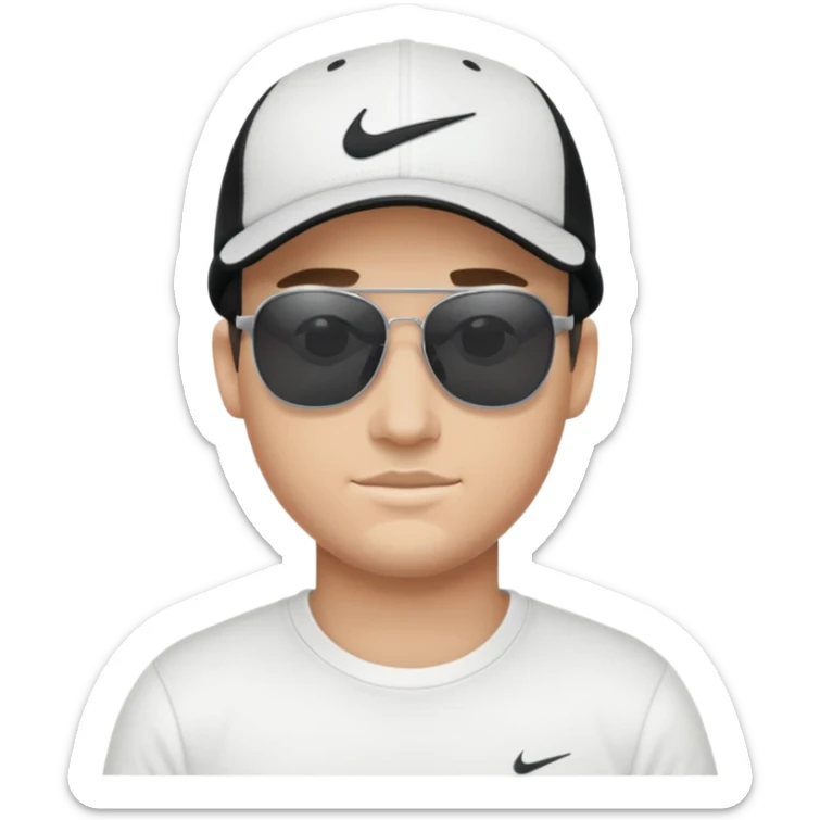 A guy wearing a white Nike shirt, a black Nike cap, and Juliet sunglasses. sticker