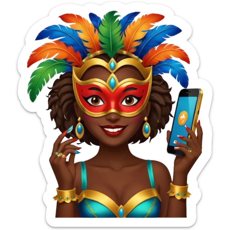 i need the same girl in "dark skin girl, dark red lipstick, nails very beautiful" to be smiling in "carnival mas costume, blue, green and orange preferably, full costume feathers at the back" she is to be smiling and happy with a phone in her hand taking a pico  sticker
