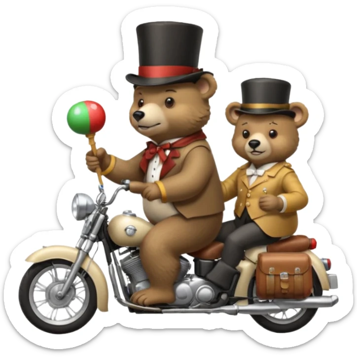 A bear wearing a top hat and holding maracas while on the back of an old lady who is driving a motorcycle sticker