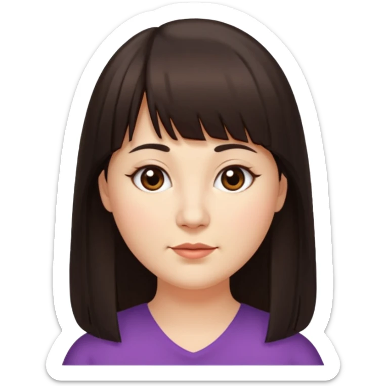 40 yr old woman, long hair down back, very small brown eyes, long hair, straight dark brown hair, bangs, chubby, long face sticker