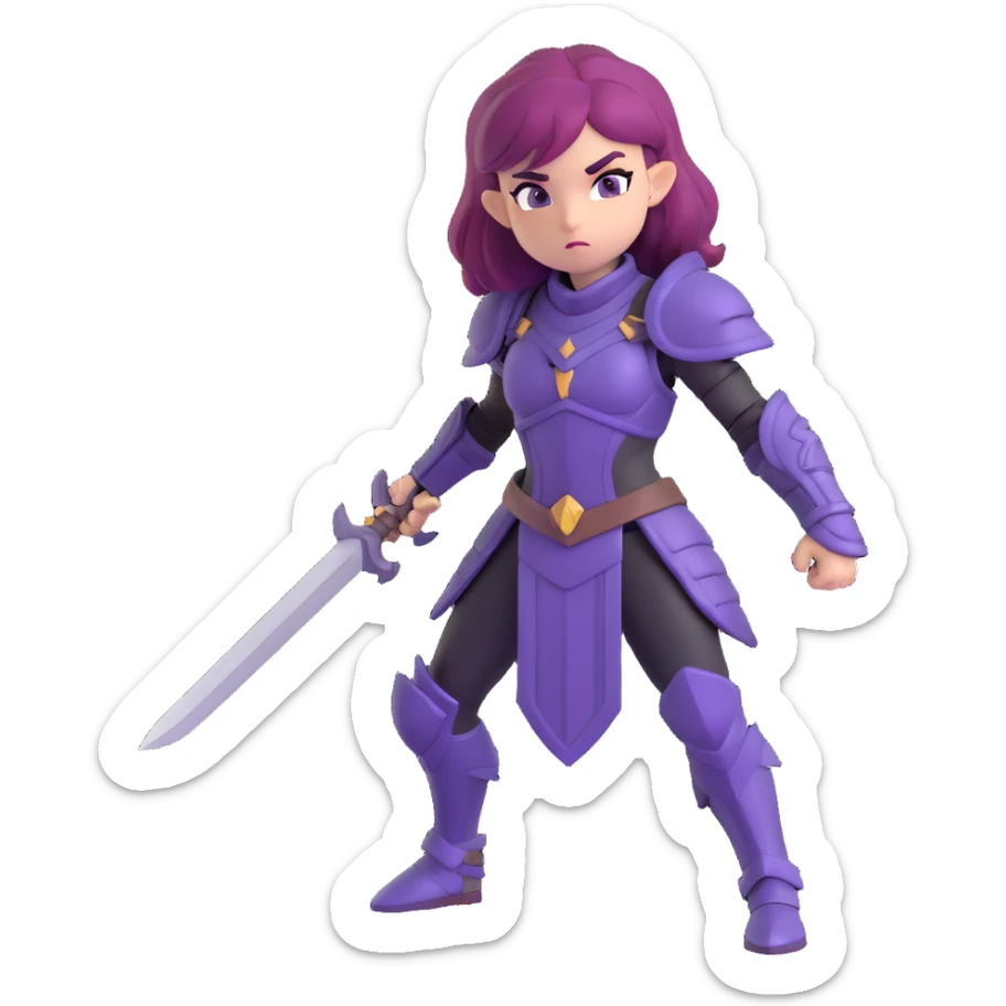 mysterious warrior girl with flowing purple hair, dressed in black armor, in a battle stance, emoji style sticker