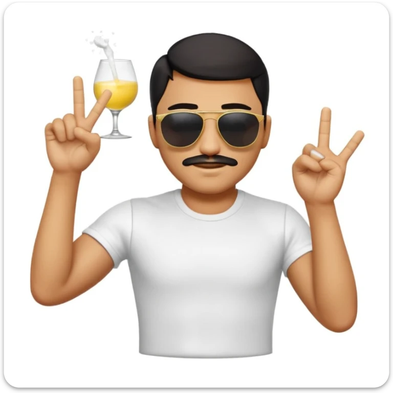 3D apple-style emoji of a stylish man performing the iconic Salt Bae pose, wearing sunglasses, short-sleeved white t-shirt, black pants, sprinkling salt from raised fingers over bent elbow, smooth yellow emoji skin, triangle-shaped eyes, confident smirk, white background, soft shadows, glossy finish sticker