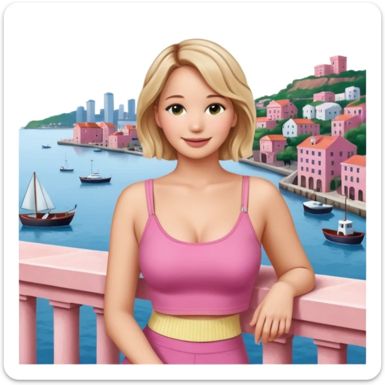 jennifer lawrence, pink crop top leaning on a balcony with a harbor and cityscape in the background, smiling sticker
