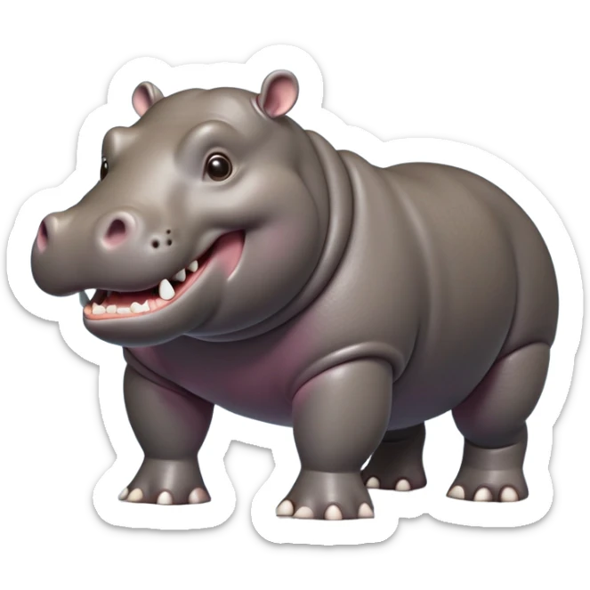 cinematic-hippo-realistic-full-body side view-standing on all fours-emoji,-massive-round-frame,-wide-mouthed-grin-exposing-huge-teeth,-head-tilted-dramatically,-thick-greyish-brown-hide-glossy-from-water,-simplified-yet-realistic-focused-features,-highly-detailed,-glowing-with-an-almost-sarcastic-glow showing only 4 theeth sticker