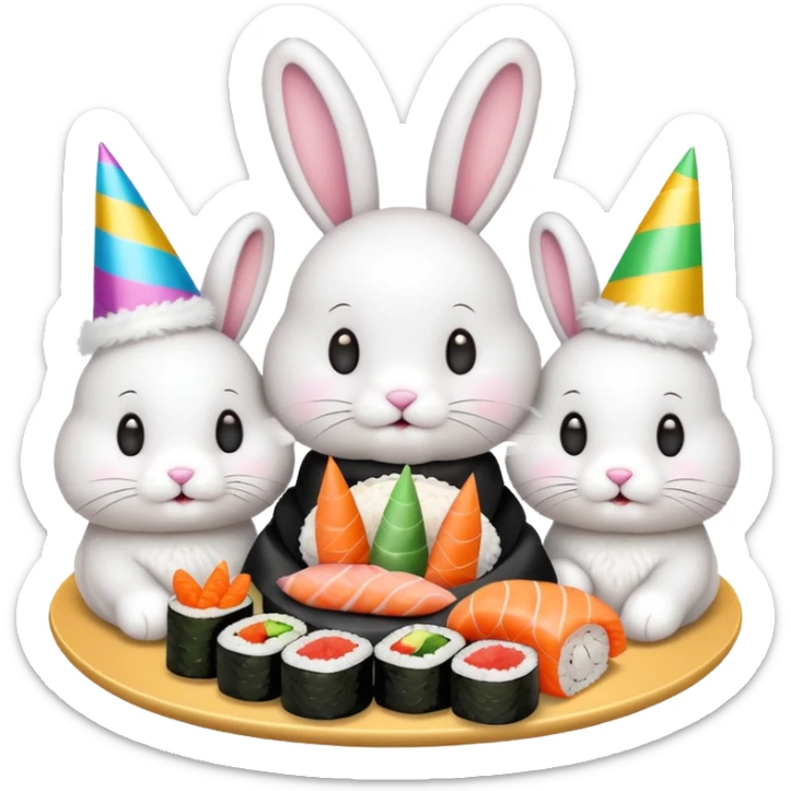 four bunnies together eating sushi at a birthday party, festive, colorful, party hats, birthday decorations sticker