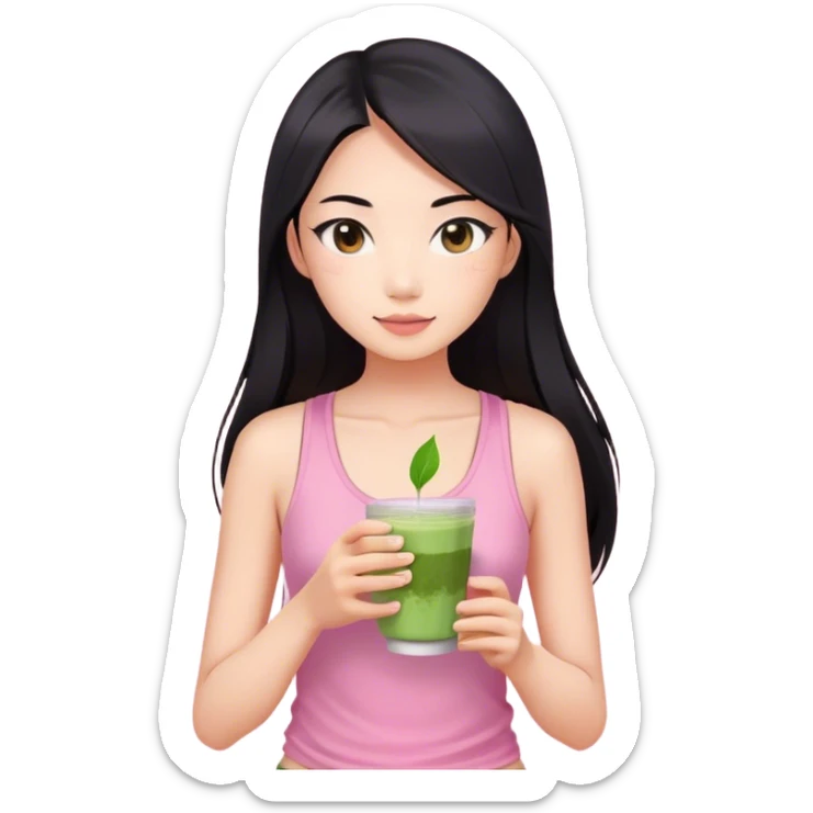Asian woman with long black hair, brown eyes, pink tank, holding Matcha cup  sticker