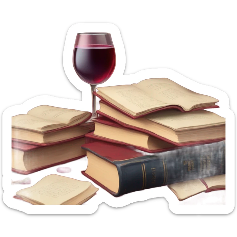 A deep red pile of books with classic dahlias and a spilled wine glass sticker