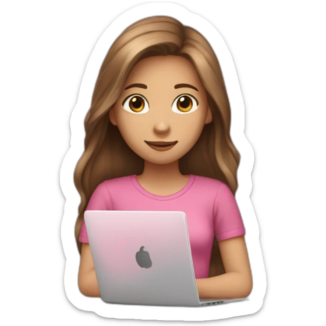 Girl with long brown hair light skin and looking at laptop, pink shirt sticker