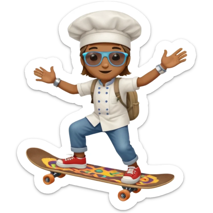 ["A happy boy with brown skin, straight hair, wearing a chef hat and sunglasses, dressed in hippie fashion, is skateboarding while holding a backpack."] sticker