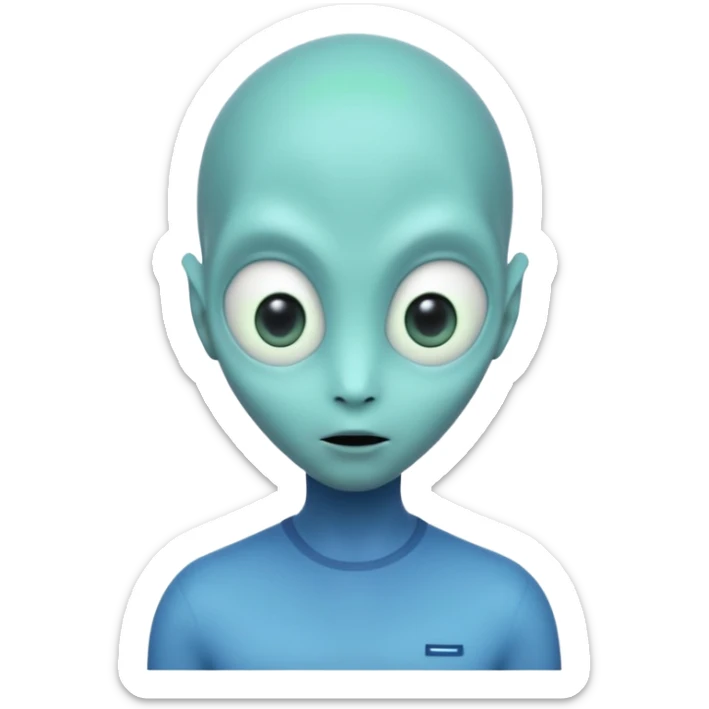 Portrait of an alien with smooth greenish-blue skin, large black oval eyes, small nose, and no visible ears, elongated head, front-facing, wearing t-shirt, soft glow, simple futuristic design sticker