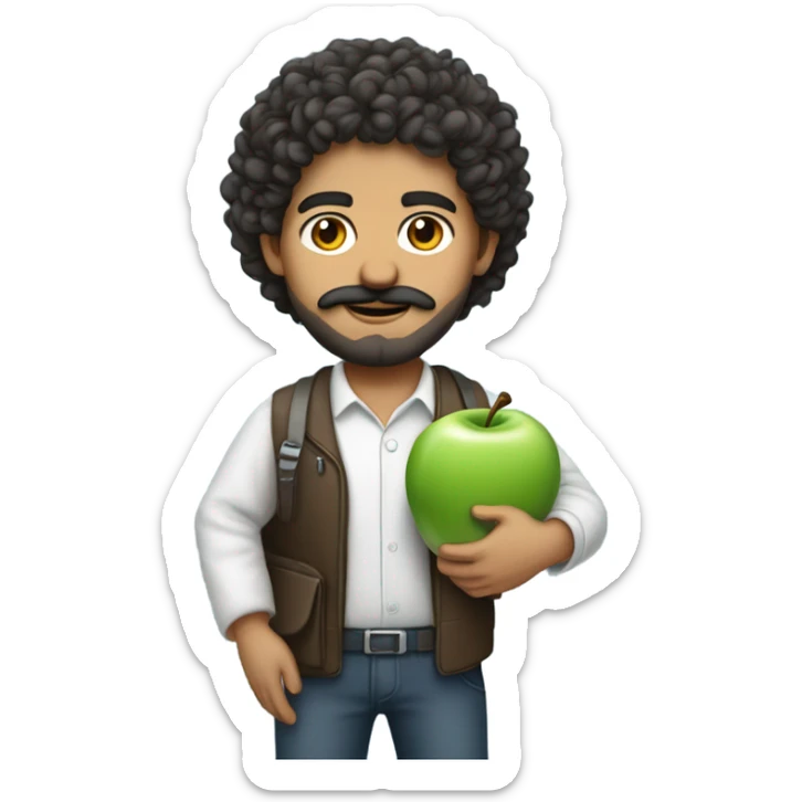 no glasses, Mexican school IT technician with apple laptop and with curly hair and mustache and beard  sticker