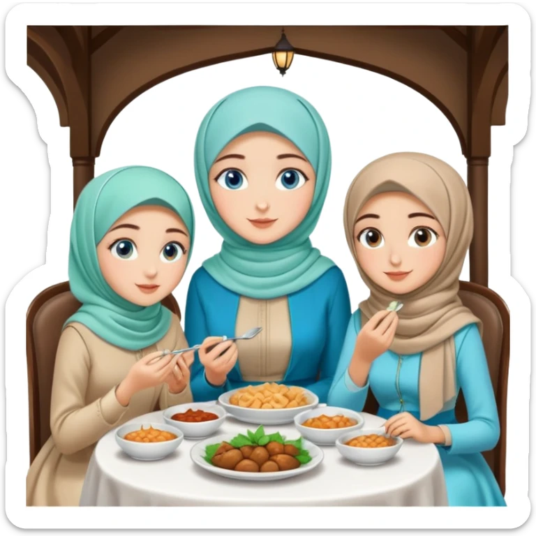 Turkish beautiful finish Konya girls blue eyes with lovely mint hijab long tail dress and the two friends sits on the chair on the ground and eating the food in the restaurant  sticker