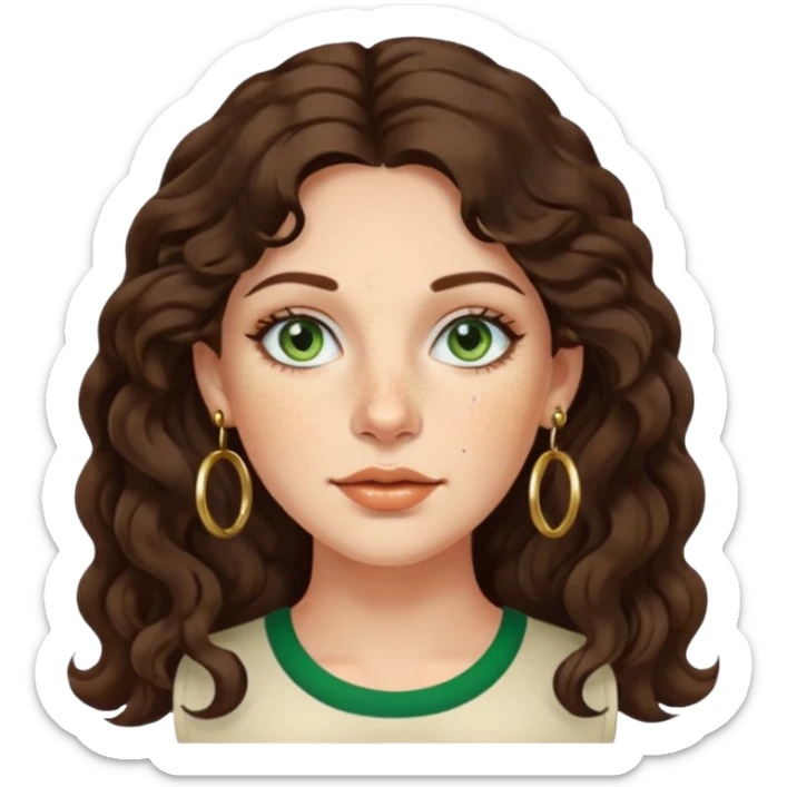 Attractive italian woman with a wide face, freckles, Long wavy dark hair and gold hoop earrings and green eyes sticker