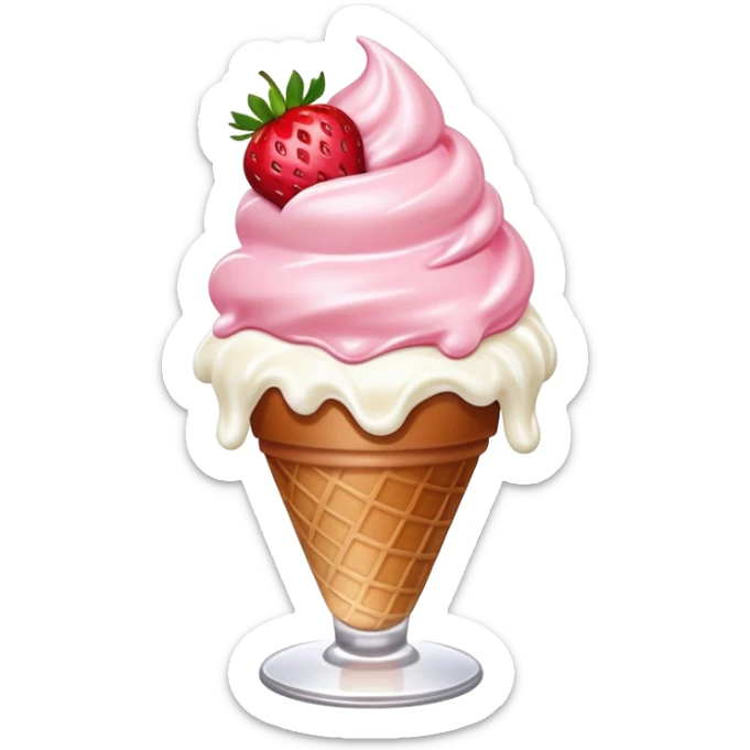 strawberry ice cream sundae, pink ice cream, whipped cream, and a strawberry sticker