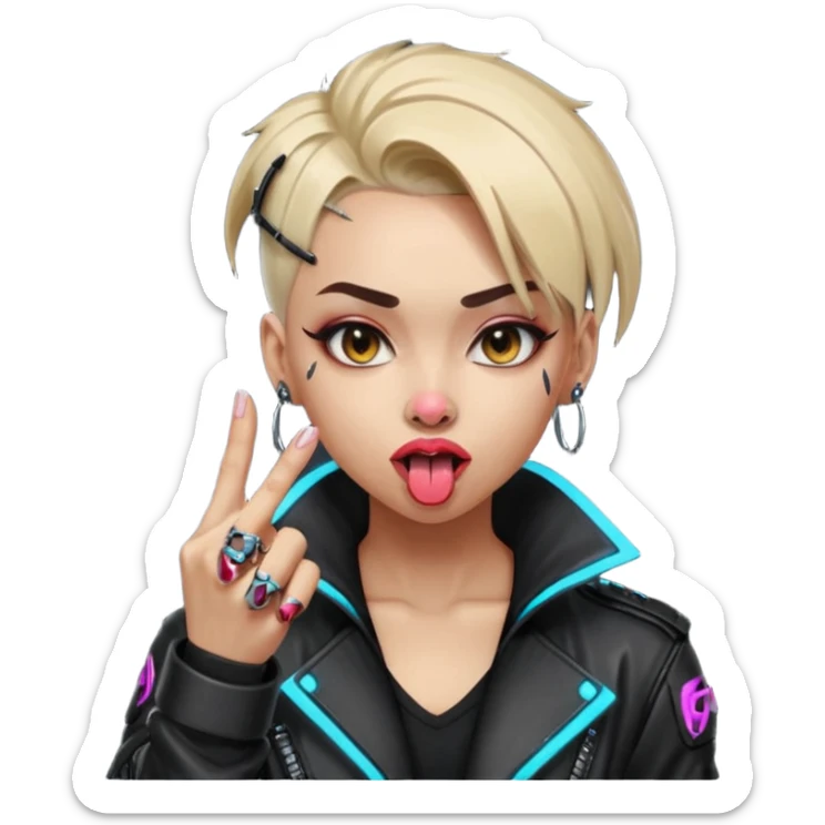 Woman with her tongue out in cyberpunk clothing and giving the middle finger. Looking naughty. sticker