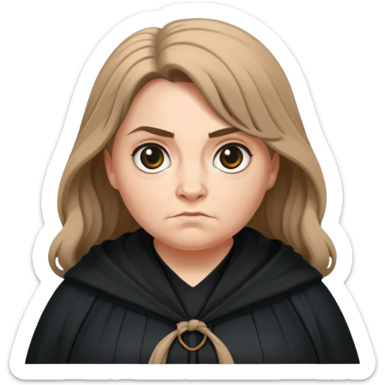 Alecto Carrow in harry potter, a woman fat, light brown knot tied hair, look evil, black cloak sticker