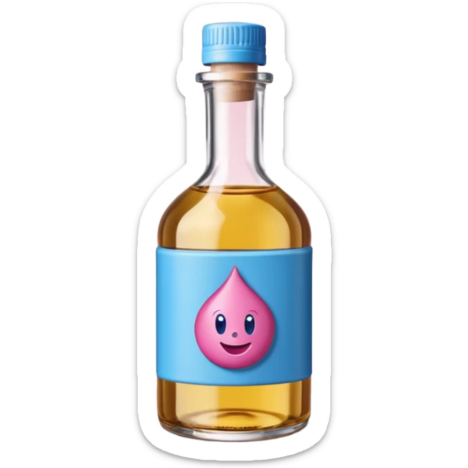 Smiling bottle of oil blue top pink outside with logo that says Diddy oil sticker