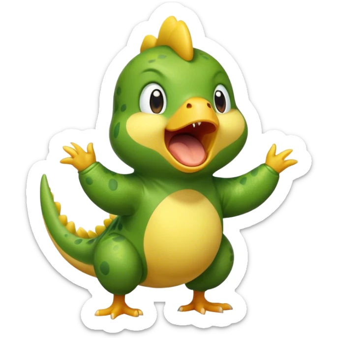 Un pulcino che indossa una tuta da dinosauro verde si sta svegliando ora e sbadiglia  sticker