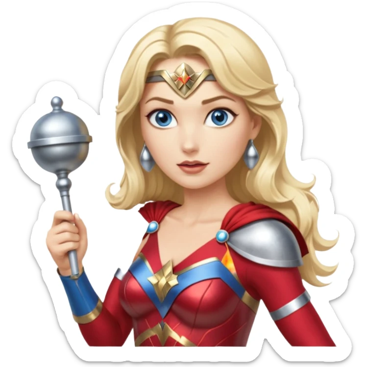 Blonde blue eyes Wonder Woman holding bell and short, skinny white baton sticker