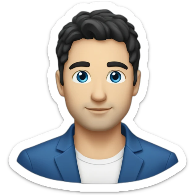 30 year old man, caucasian, black hair, blue eyes, blazer, t-shirt sticker