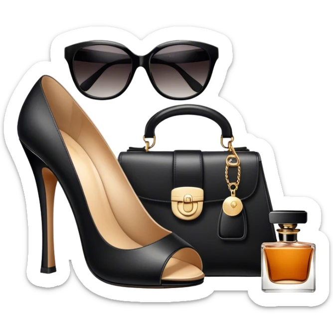 A photorealistic icon featuring stylish fashion accessories like high heels, a designer handbag, sunglasses, and a perfume bottle, arranged elegantly. Soft, luxurious colors with detailed textures and lighting that convey beauty and style. Transparent background, symbolizing fashion and beauty. sticker