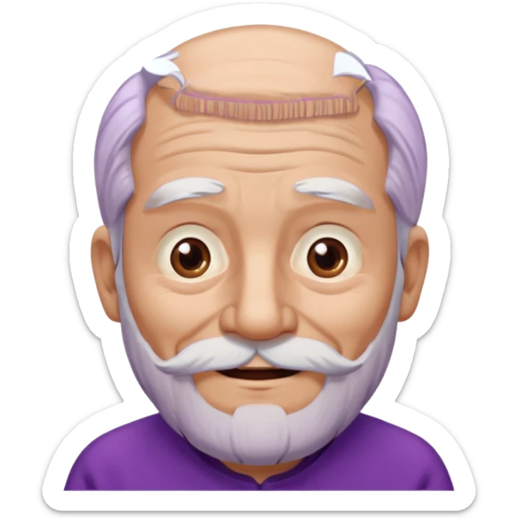 Abuelo hombre con ropa morada, ojos cafés, muchas arrugas, aspecto feliz, el pelo debe ser blanco no morado. sticker