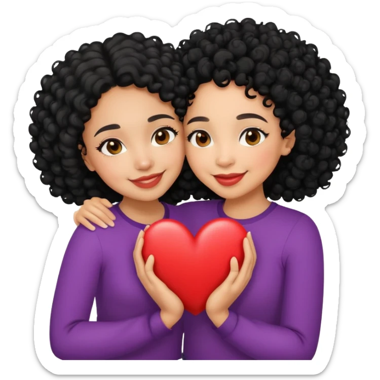 big sister little sister both  lightskin with black curly hair smiling hugging heart  sticker