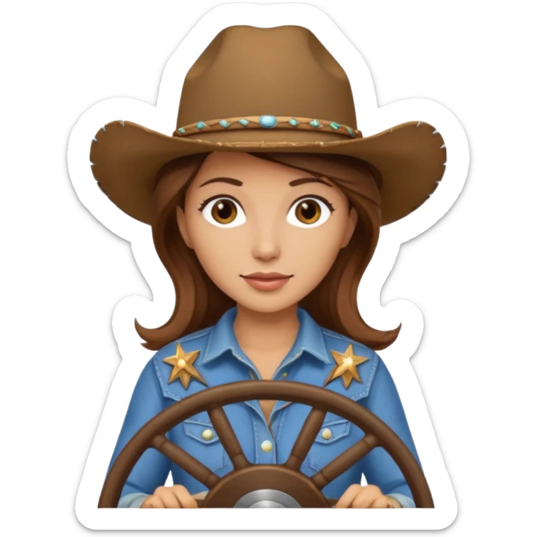 ["Light-skinned cowgirl, brown hair, wearing a cowboy hat, holding the wheel."] sticker