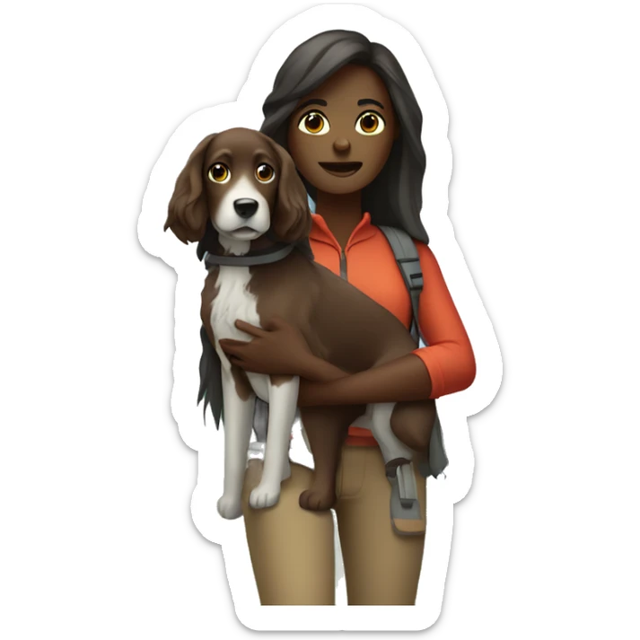 Dark skin woman long hair hiking with dog facing frontward sticker