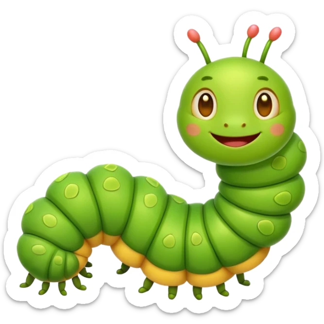 “A cute bright-green cartoon caterpillar emoji, body made of many small segments. Each body segment is shaped like a tiny praying hand emoji pressed together, forming a long caterpillar. Simple flat colors, smooth rounded shapes, friendly expression, minimal details, white background, emoji style.” sticker