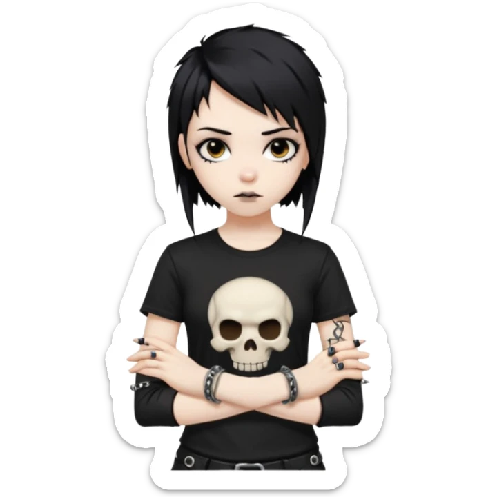 vkei styled black hair, pale skin, brown eyes with eyeliner (emo looking) and black shirt with skull and punk bracelets sticker
