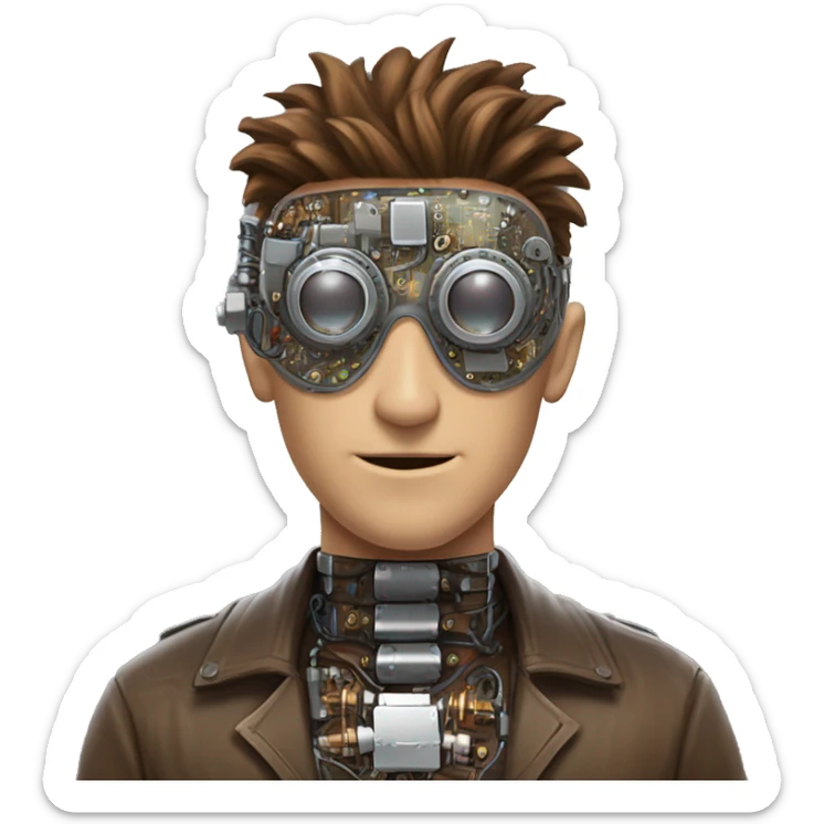 male cyborg head with brown shirt hair, brown beard, silver steampunk goggles and circuits sticker