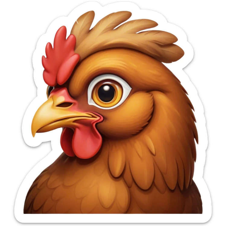 Cinematic Noble Brown Chicken Portrait Emoji, Poised and regal, with a compact, sturdy build and a warm, well-groomed brown plumage, deep-set soulful beady eyes, Simplified yet sharp and sophisticated features, highly detailed, glowing with a soft, dignified glow, high shine, intelligent and earthy, stylized with an air of rustic elegance, focused and attentive, soft glowing outline, capturing the essence of a watchful and confident fowl, so majestic it feels as though it could strut out of the screen with effortless authority! sticker