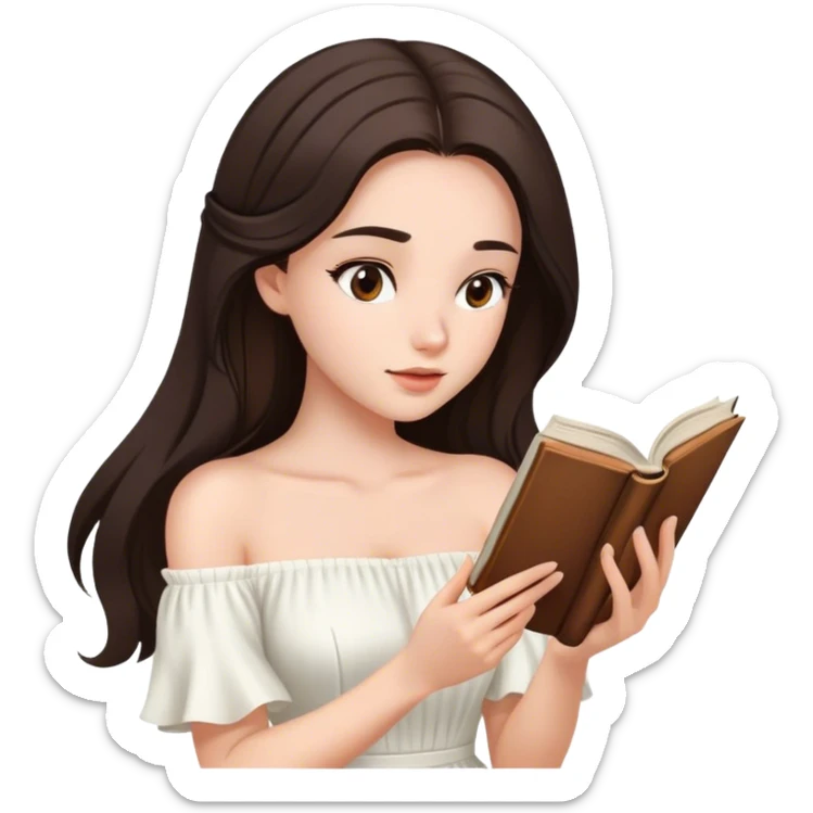 Beautiful woman in 1950’s woman fashion look, off-shoulder white dress, long dark brown hair, reading  sticker