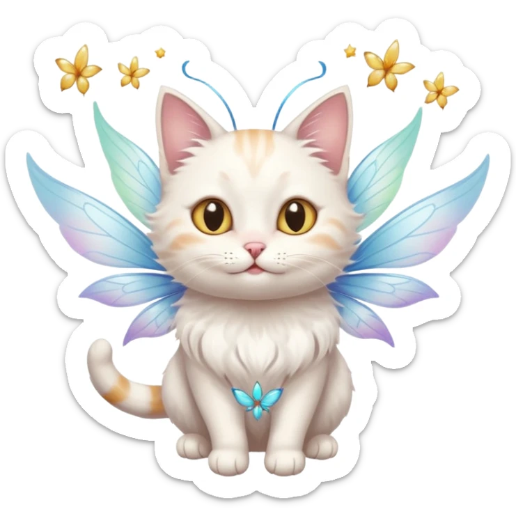 A cat with fairy wings, floating mid-air with a mischievous smirk, portrait, bust up sticker