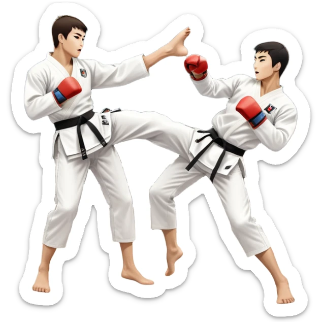 Two taekwondo fighters in traditional white doboks with black belts. One delivers a powerful kick, while the other defends by blocking with his knee. The background shows a professional arena with bright lights and an excited crowd. Transparent background highlights the intense action sticker