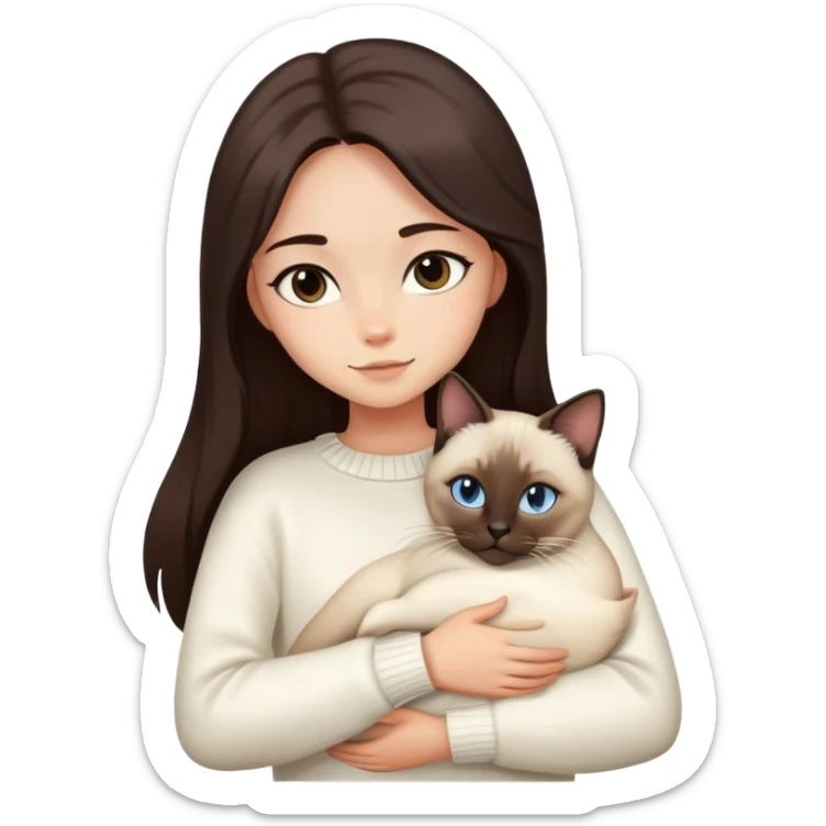 a girl with long dark brown hair, in a white sweater, hugs a Siamese cat sticker