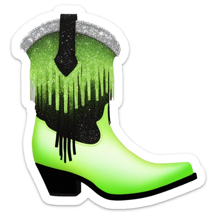 Realistic pastel lime green to black ombre pair of fashion cowgirl boots with sparkly shiny glitter fringe on them. sticker